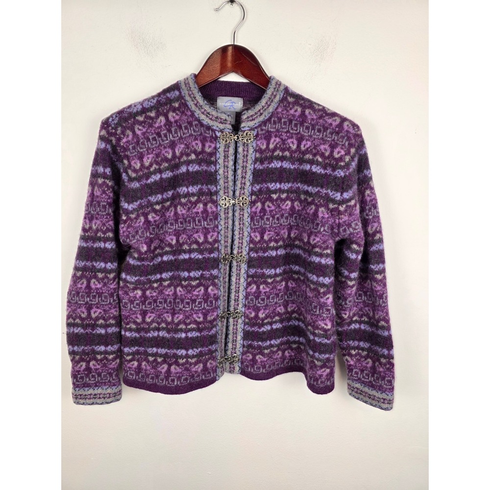 CARROLL REED Purple Fair Isle Wool Cardigan Clasp Front Size Small